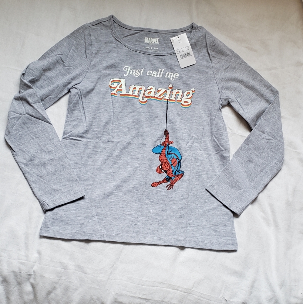 Marvel Spiderman boys t shirt  size Large  gray long sleeve superhero top nwt